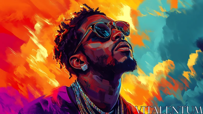 Portrait of man in sunglasses against vivid abstract sky.