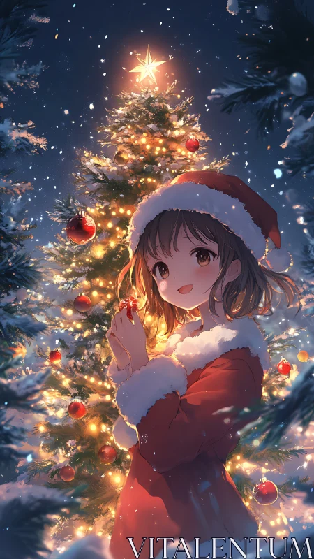 Smiling girl in Santa coat before glowing winter tree.