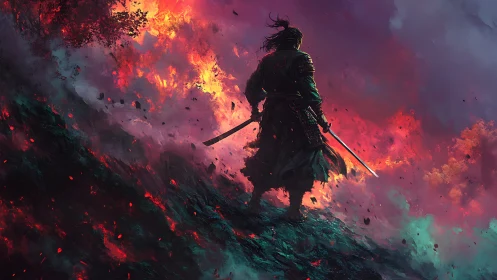 Armored samurai silhouette against erupting crimson wildfire