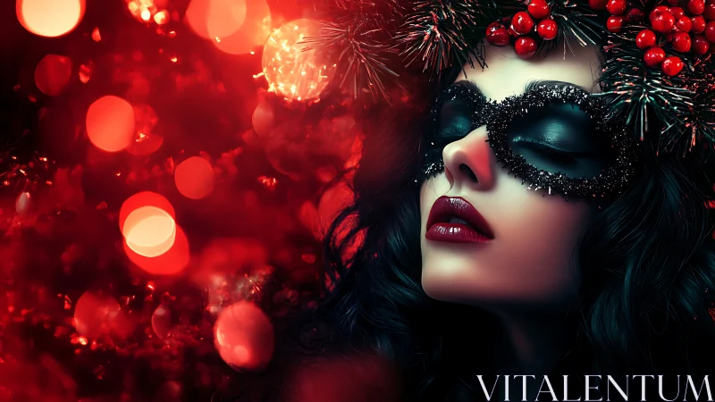 Glamorous masked portrait with saturated red bokeh lighting effects