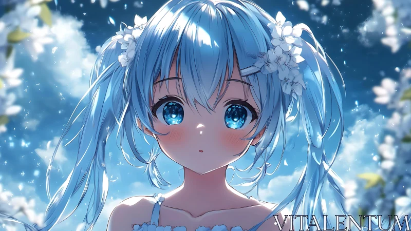 Blue-haired anime girl under glowing night sky blooms.