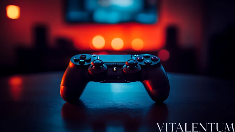 PlayStation Controller Illuminated by Neon Blue and Red Ambient Lighting.
