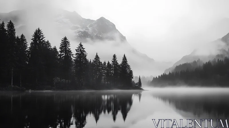 Monochrome alpine lake landscape with mist-layered conifers.