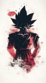 Silhouetted spiky haired warrior in red ink splash art.