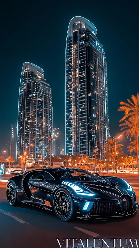 Midnight hypercar prowls beneath neon-wrapped glass giants