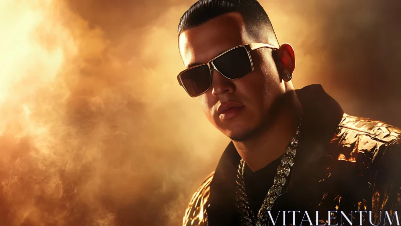 Golden-lit urban rapper poses in smoky dramatic portrait.