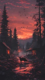 Moose stands on glowing forest trail between cabins at dusk