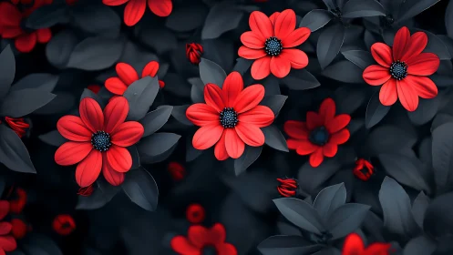 Red daisy flowers bloom among dark foliage in garden