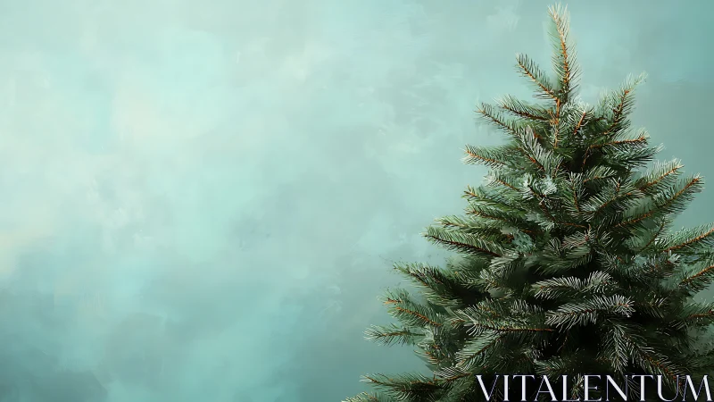 Gentle evergreen tree waits quietly against soft teal sky