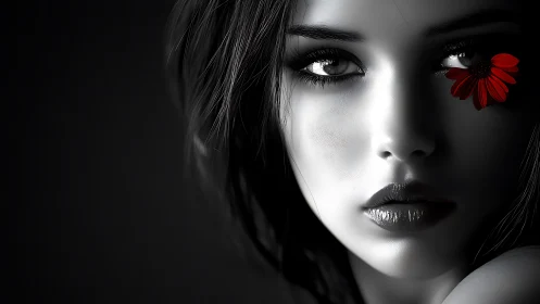 Monochrome female portrait contrasts single red flower accent