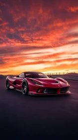 Sleek red supercar dominates racetrack at blazing sunset.