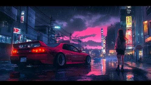 Neon rain street surrounds red sports car and lone girl.