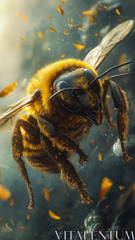Macro-rendered honeybee in dynamic mid-flight particle field