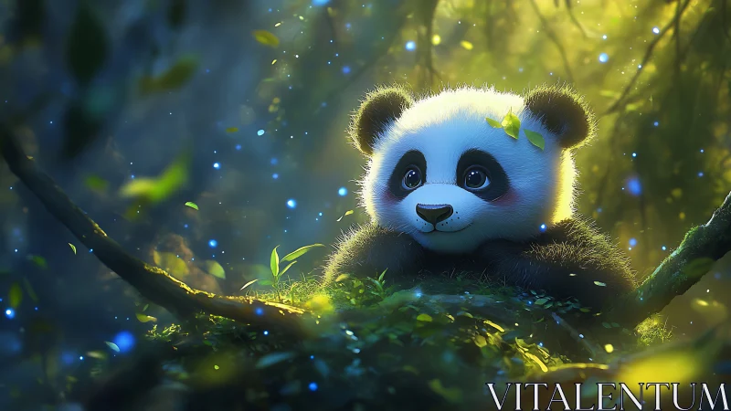 Baby panda glows in enchanted forest light, soft fur sparkles