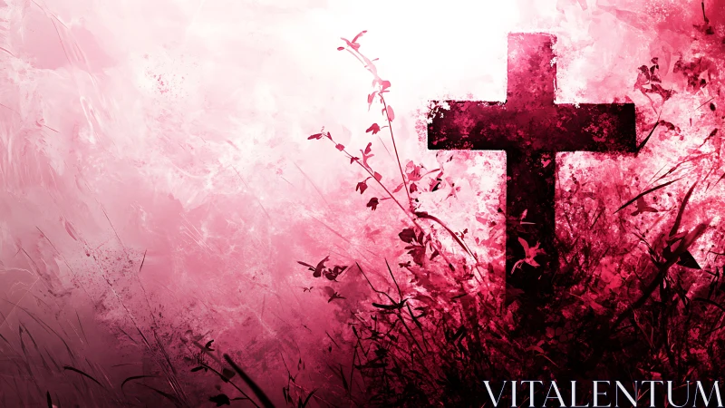 Dark cross silhouette amid red foliage and textured sky.