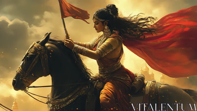Warrior Queen Riding Horse in Dramatic Sunset, Epic Digital Art.