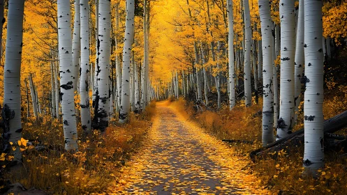 Golden aspen corridor with leaf-strewn forest pathway in fall.