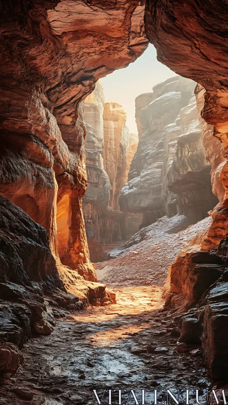Sunlit sandstone canyon passage reveals winding rocky corridor