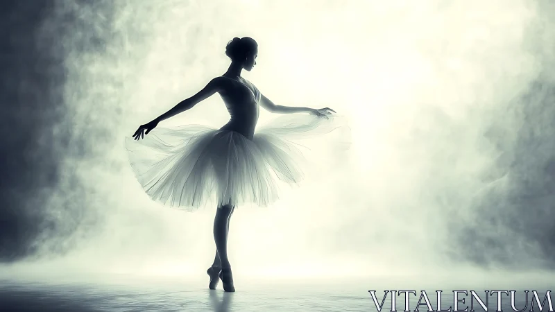 Silhouetted ballerina in tulle skirt against diffuse backlight.