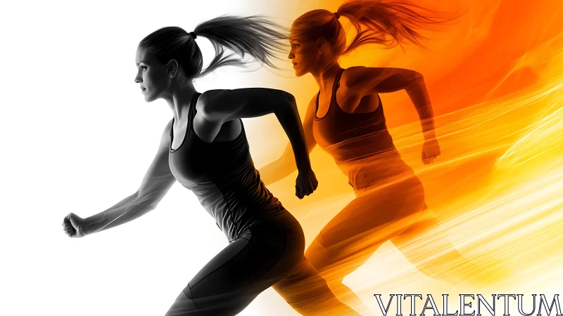 Dynamic female runner sprints through fiery motion blur energy