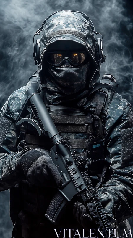 Tactical operator in digital camo armor with carbine rifle