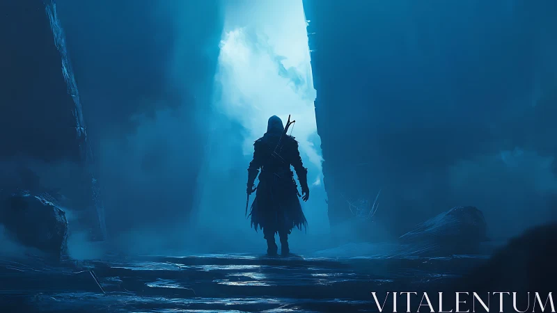 Hooded figure stands in blue-lit cavernous passageway