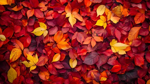 Dense layer of multicolored autumn leaves covering ground.