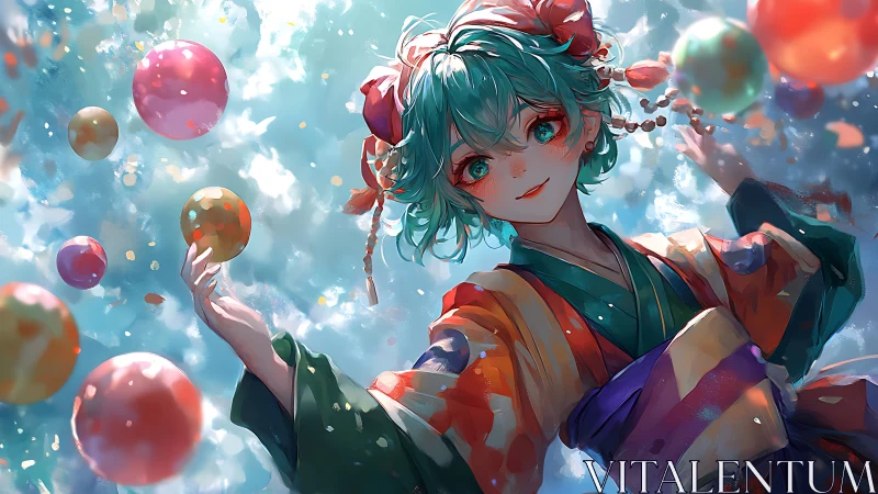 Kimono-clad girl dances under floating orbs in sky glow.