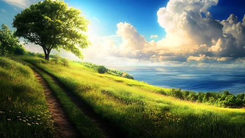 Sunlit coastal meadow path leads toward a serene blue horizon