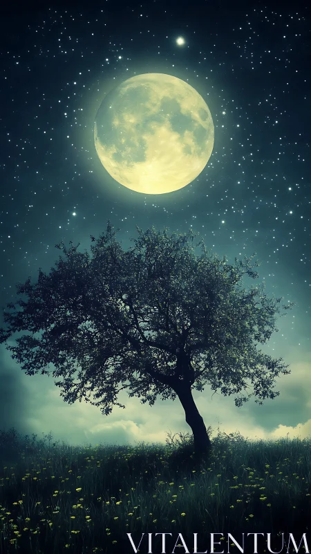 Solitary moonlit tree glows softly under a starry sky