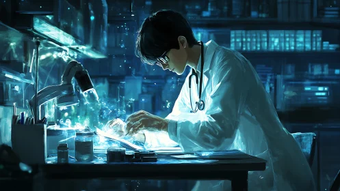 Researcher studies glowing specimen in dim laboratory