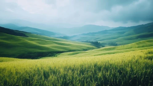 Rolling green hills recede into mist under heavy clouds
