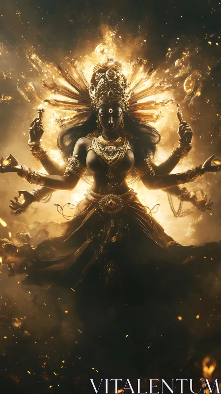 Radiant multi-armed goddess arises amid blazing cosmic fire.