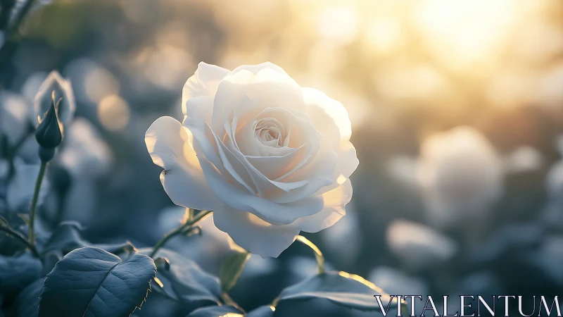 Luminous White Rose Bathed in Golden Sunlight and Serenity