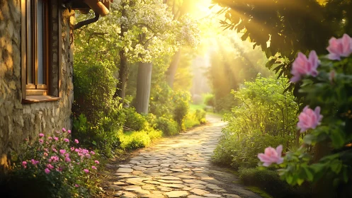 Sunlit stone garden path curves beside rustic cottage wall