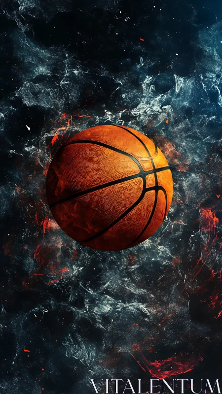 Fiery basketball floats amid swirling cosmic smoke and sparks.
