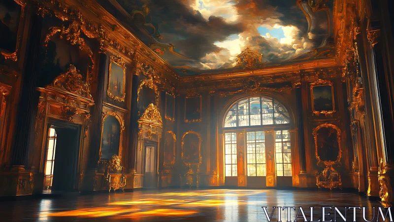 Sunlit baroque palace hall glows with gilded splendor