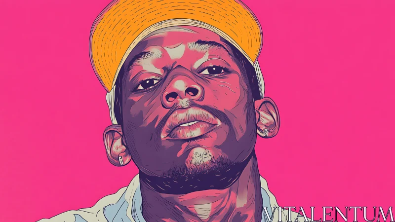 Bold stylized portrait of man in yellow cap on pink