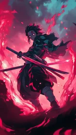 Demonic swordsman ignites crimson flames in dynamic anime stance.