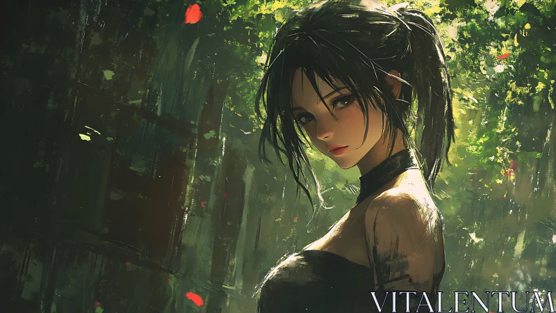 Solitary anime woman in sunlit forest clearing portrait.