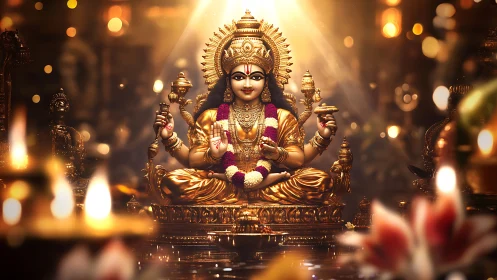 Gilded goddess of light enthroned amid glowing temple flames.