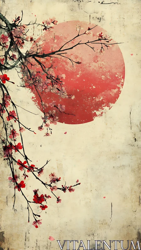 Cherry branches sketch a quiet orbit around a fading sun