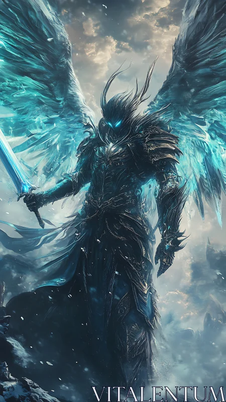 Armored ice angel warrior stands amid swirling frozen storm