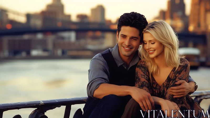 Golden Hour Romance: Urban Skyline Embrace.