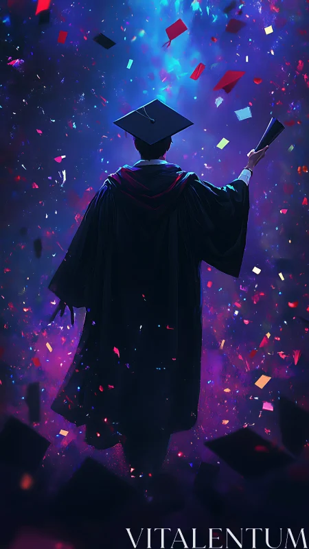 Radiant graduate silhouette amid cosmic confetti celebration.