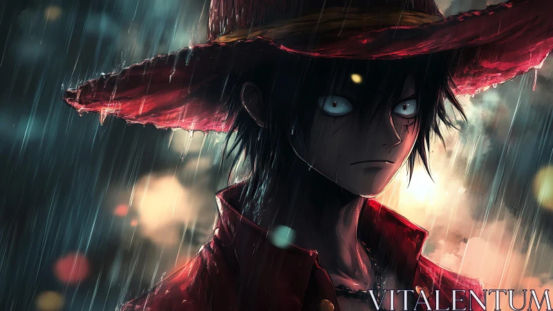 Rain-drenched straw-hatted warrior in stormlit resolve.
