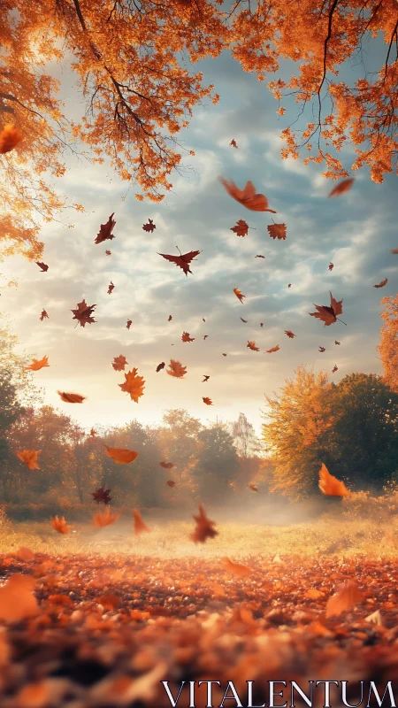 Whirling autumn leaves over misty golden woodland meadow.