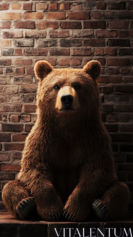 Digitally rendered brown bear sits symmetrically against brick wall