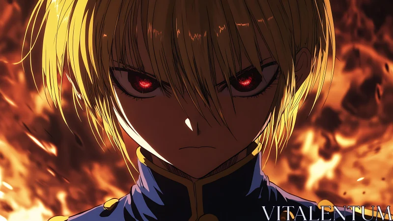 Fiery‑eyed anime hero standing calm within rising flames.