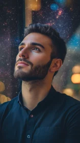 Man looks upward against digitally composited star field